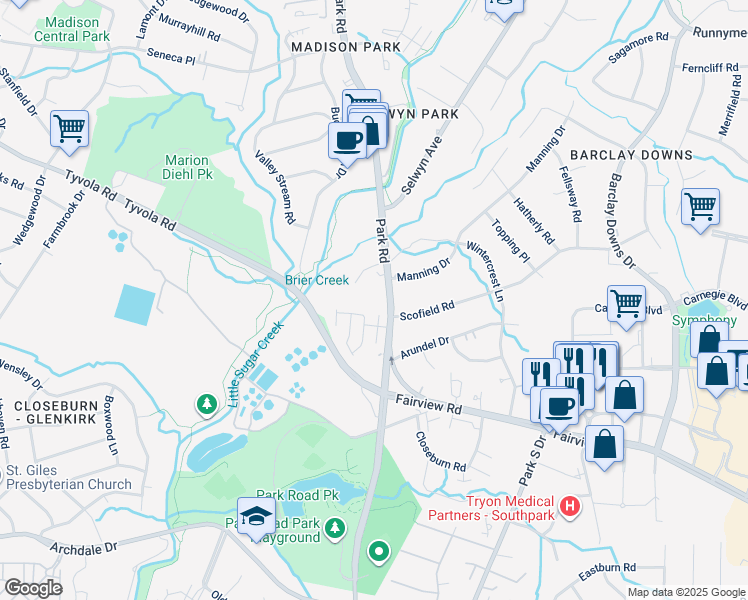 map of restaurants, bars, coffee shops, grocery stores, and more near 5326 Park Road in Charlotte