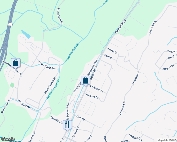 map of restaurants, bars, coffee shops, grocery stores, and more near 5735 Old Dayton Pike in Chattanooga