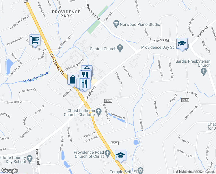 map of restaurants, bars, coffee shops, grocery stores, and more near 4499 Coventry Row Court in Charlotte