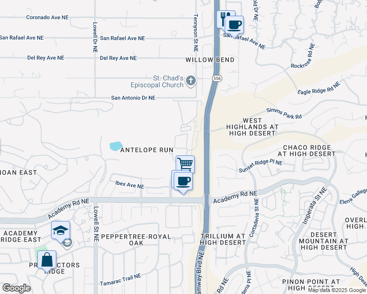 map of restaurants, bars, coffee shops, grocery stores, and more near 6601 Tennyson Street Northeast in Albuquerque