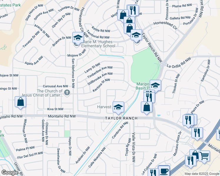 map of restaurants, bars, coffee shops, grocery stores, and more near 5321 Desert Sand Place Northwest in Albuquerque