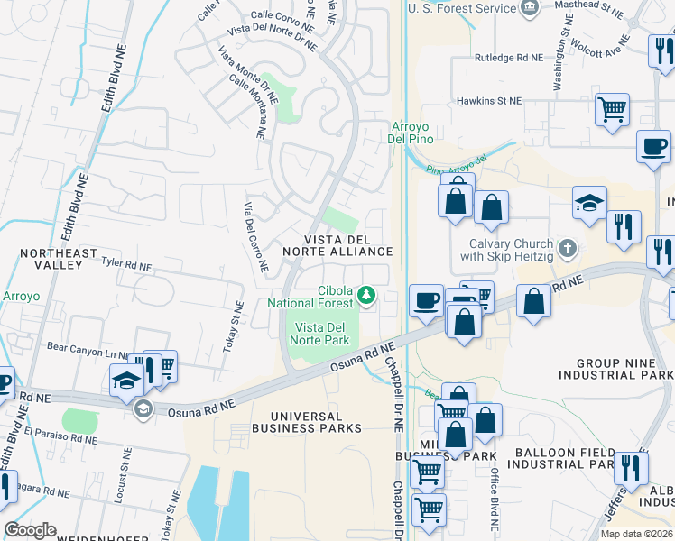 map of restaurants, bars, coffee shops, grocery stores, and more near 6800 Vista Del Norte Drive Northeast in Albuquerque