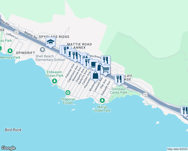 map of restaurants, bars, coffee shops, grocery stores, and more near 134 Boeker Avenue in Pismo Beach