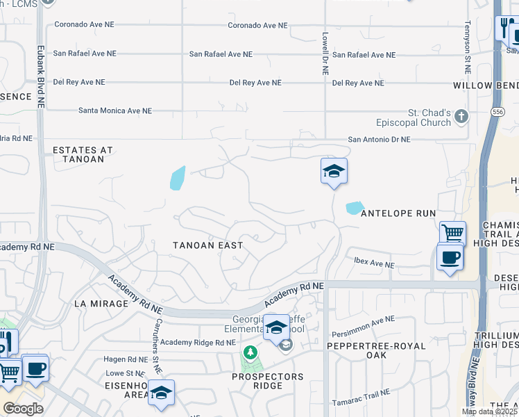 map of restaurants, bars, coffee shops, grocery stores, and more near 11509 Sky Valley Way Northeast in Albuquerque