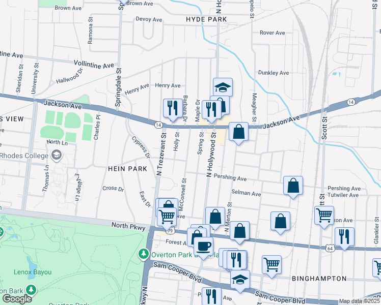 map of restaurants, bars, coffee shops, grocery stores, and more near 727 Spring Street in Memphis