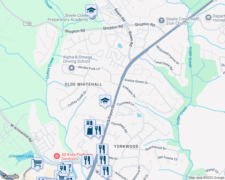 map of restaurants, bars, coffee shops, grocery stores, and more near 7300 Yorkville Court in Charlotte