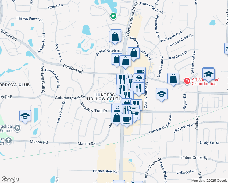map of restaurants, bars, coffee shops, grocery stores, and more near 1110 Hunter's Lake Drive in Memphis