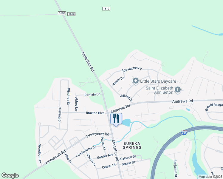 map of restaurants, bars, coffee shops, grocery stores, and more near 6647 Julliard Drive in Fayetteville