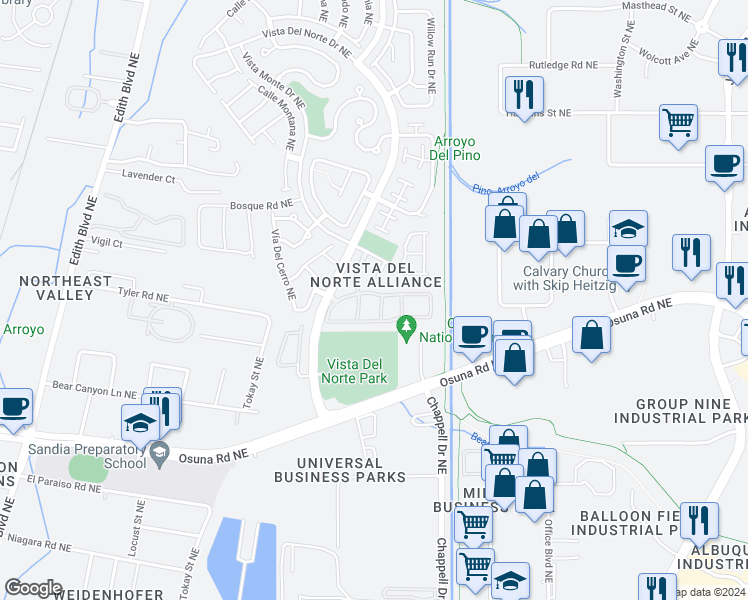 map of restaurants, bars, coffee shops, grocery stores, and more near 6800 Vista Del Norte Drive Northeast in Albuquerque