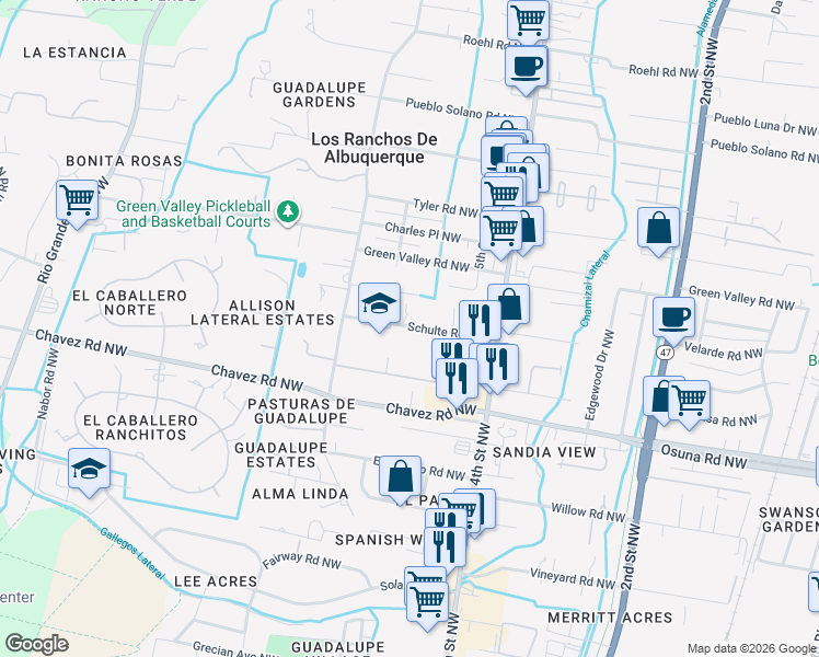 map of restaurants, bars, coffee shops, grocery stores, and more near 620 Schulte Rd NW in Los Ranchos