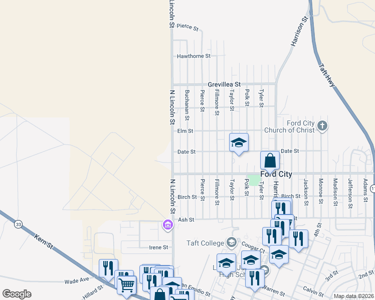 map of restaurants, bars, coffee shops, grocery stores, and more near 310 North Lincoln Street in Taft