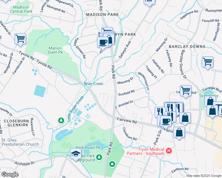 map of restaurants, bars, coffee shops, grocery stores, and more near 5309 Dockery Drive in Charlotte