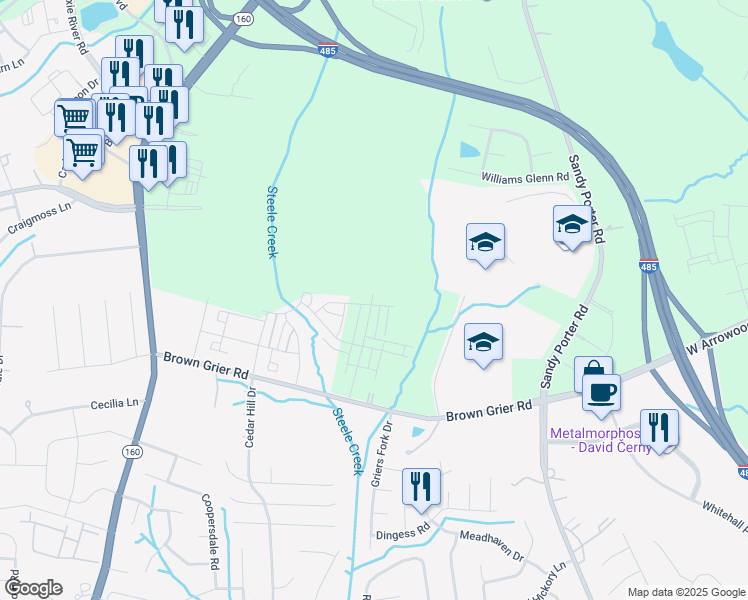 map of restaurants, bars, coffee shops, grocery stores, and more near 13815 Brown Grier Road in Charlotte