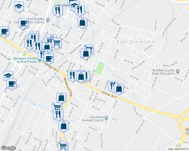 map of restaurants, bars, coffee shops, grocery stores, and more near 212 East Street in Cleveland