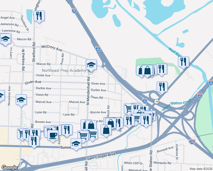 map of restaurants, bars, coffee shops, grocery stores, and more near 4967 Durbin Avenue in Memphis