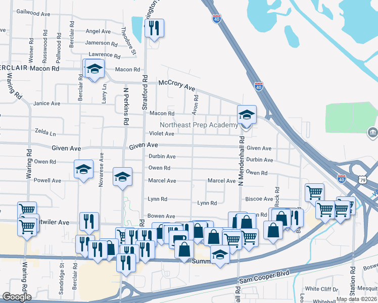 map of restaurants, bars, coffee shops, grocery stores, and more near 4751 Durbin Avenue in Memphis