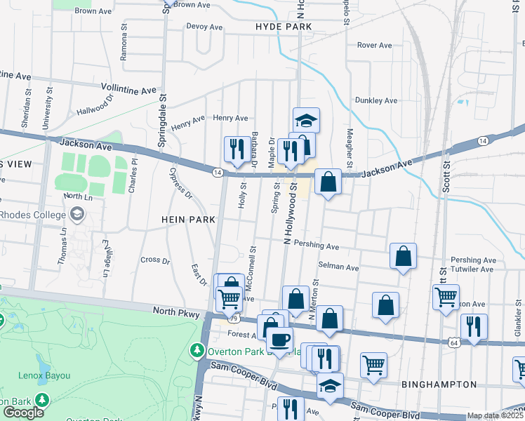 map of restaurants, bars, coffee shops, grocery stores, and more near 727 Spring Street in Memphis