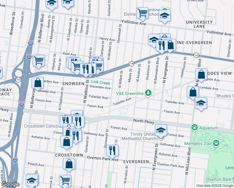 map of restaurants, bars, coffee shops, grocery stores, and more near 1536 Tutwiler Avenue in Memphis