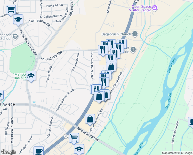 map of restaurants, bars, coffee shops, grocery stores, and more near 6116 Vía Corta Del Sur Northwest in Albuquerque
