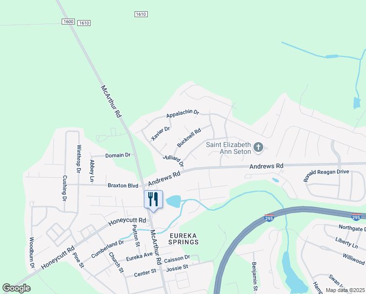 map of restaurants, bars, coffee shops, grocery stores, and more near 1001 Bucknell Road in Fayetteville