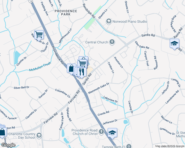 map of restaurants, bars, coffee shops, grocery stores, and more near 5012 Sardis Road in Charlotte
