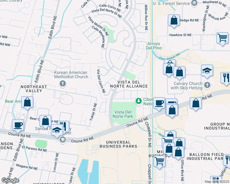 map of restaurants, bars, coffee shops, grocery stores, and more near 6800 Vista Del Norte Road Northeast in Albuquerque