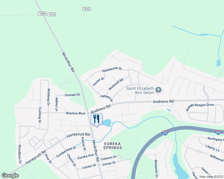 map of restaurants, bars, coffee shops, grocery stores, and more near 1001 Bucknell Road in Fayetteville