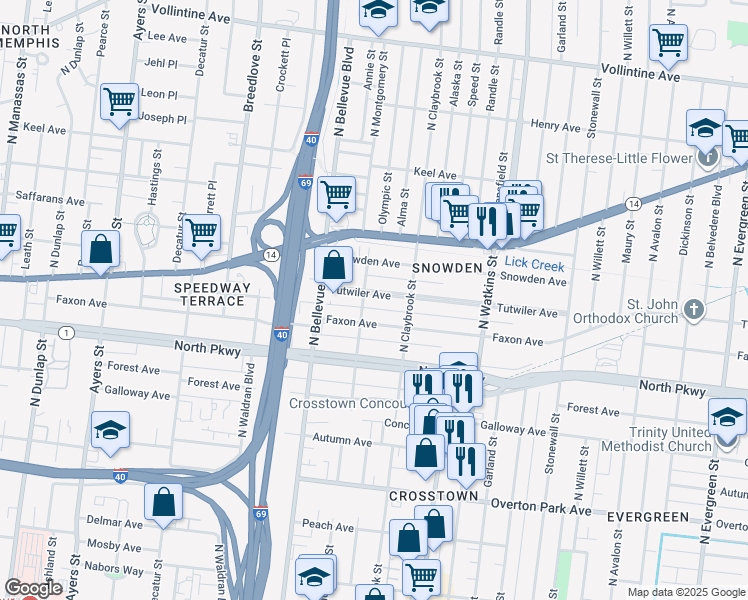 map of restaurants, bars, coffee shops, grocery stores, and more near 1255 Tutwiler Avenue in Memphis