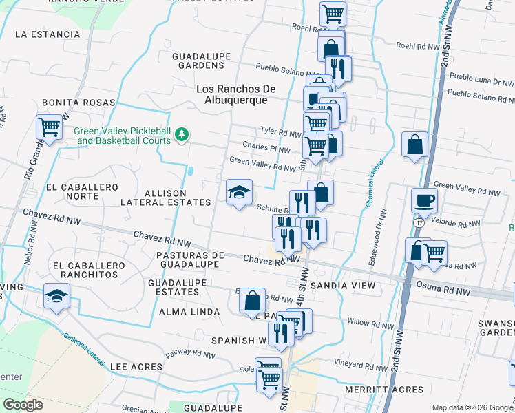 map of restaurants, bars, coffee shops, grocery stores, and more near 620 Schulte Road Northwest in Albuquerque