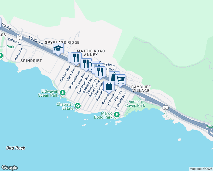 map of restaurants, bars, coffee shops, grocery stores, and more near 115 Placentia Avenue in Pismo Beach