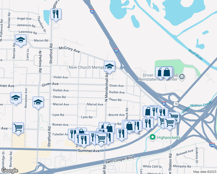 map of restaurants, bars, coffee shops, grocery stores, and more near 4885 Violet Avenue in Memphis