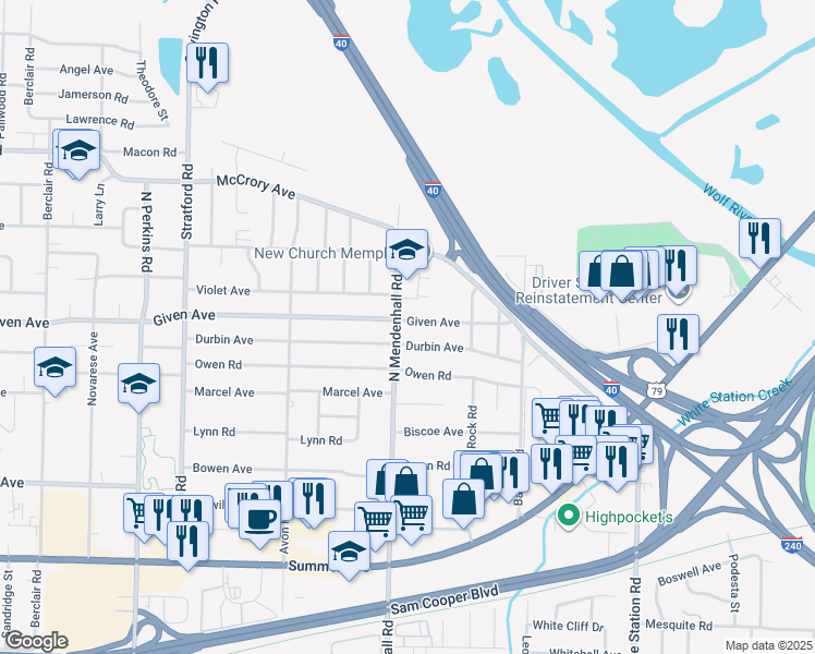 map of restaurants, bars, coffee shops, grocery stores, and more near 968 North Mendenhall Road in Memphis