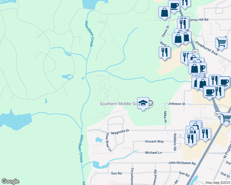 map of restaurants, bars, coffee shops, grocery stores, and more near 20 Quaker Ridge Road in Pinehurst