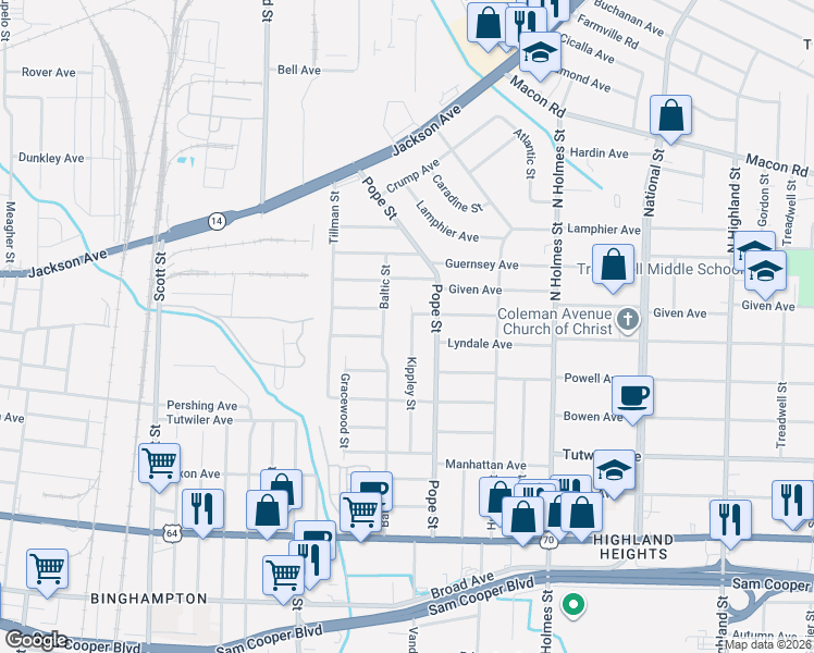 map of restaurants, bars, coffee shops, grocery stores, and more near 902 Kippley Street in Memphis