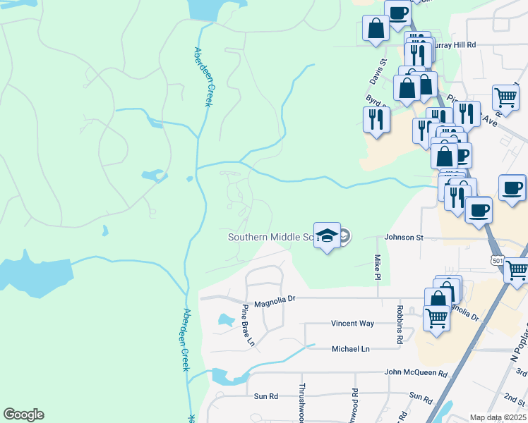 map of restaurants, bars, coffee shops, grocery stores, and more near 20 Quaker Ridge Road in Pinehurst