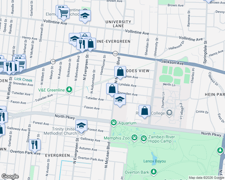 map of restaurants, bars, coffee shops, grocery stores, and more near 717 North McLean Boulevard in Memphis