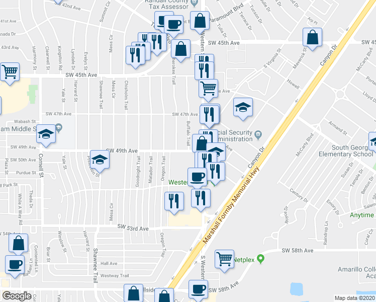 map of restaurants, bars, coffee shops, grocery stores, and more near 4302 Southwest 49th Avenue in Amarillo