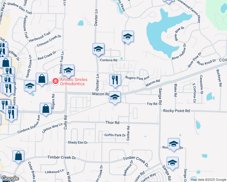 map of restaurants, bars, coffee shops, grocery stores, and more near 8534 Macon Road in Memphis