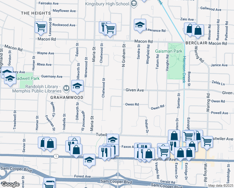 map of restaurants, bars, coffee shops, grocery stores, and more near 939 North Graham Street in Memphis