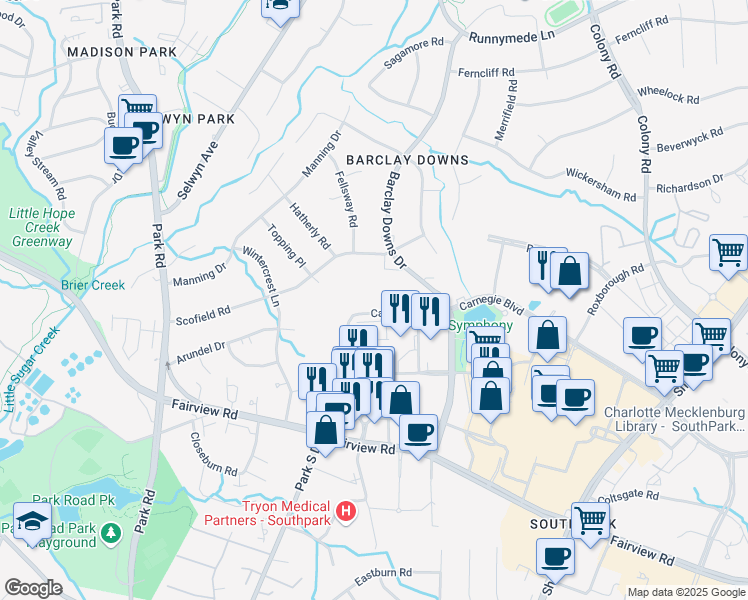 map of restaurants, bars, coffee shops, grocery stores, and more near 5935 Carnegie Boulevard in Charlotte