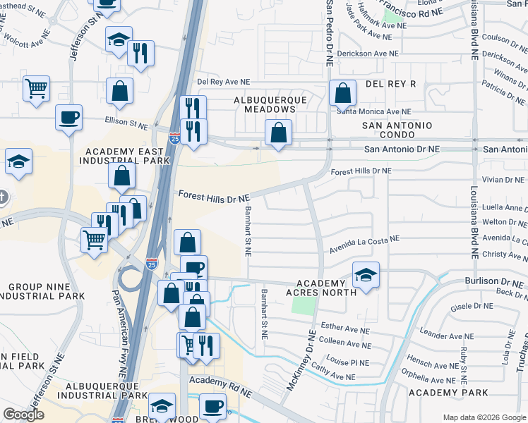 map of restaurants, bars, coffee shops, grocery stores, and more near 6204 Forest Hills Drive Northeast in Albuquerque
