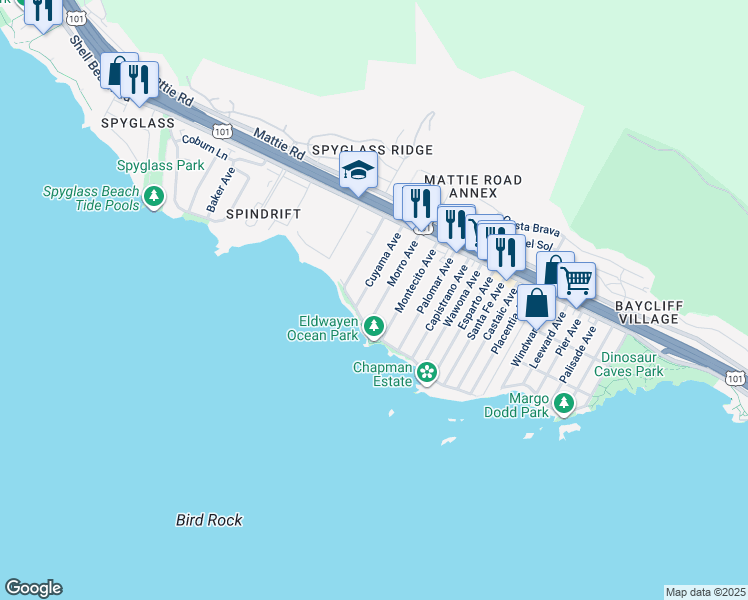 map of restaurants, bars, coffee shops, grocery stores, and more near 259 Cuyama Avenue in Pismo Beach