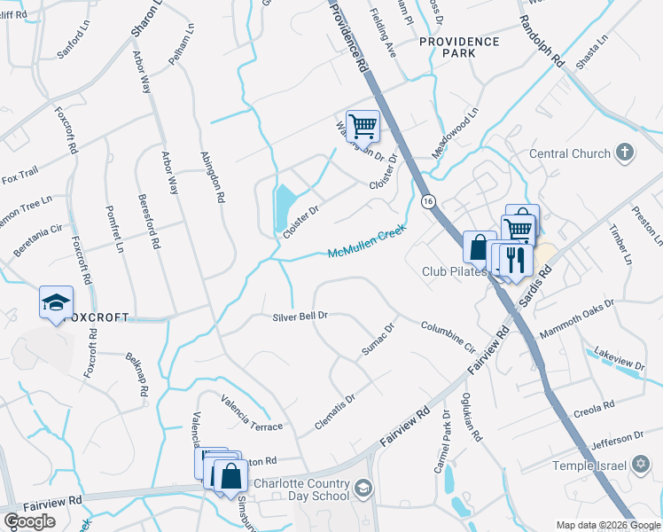 map of restaurants, bars, coffee shops, grocery stores, and more near 2506 Cloister Drive in Charlotte