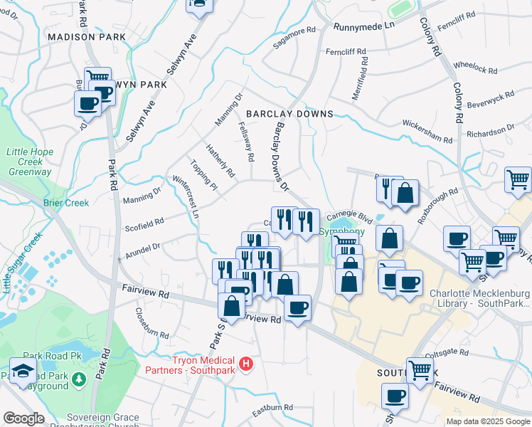 map of restaurants, bars, coffee shops, grocery stores, and more near 5945 Carnegie Boulevard in Charlotte
