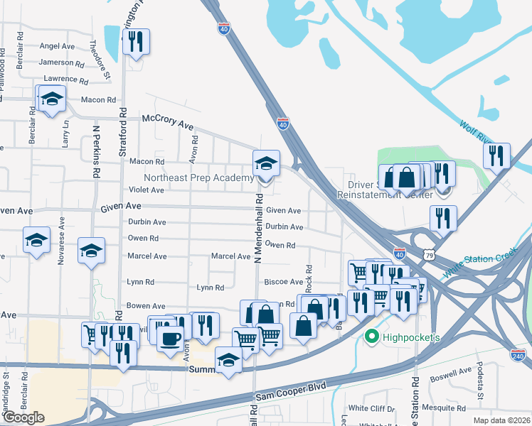 map of restaurants, bars, coffee shops, grocery stores, and more near 968 North Mendenhall Road in Memphis