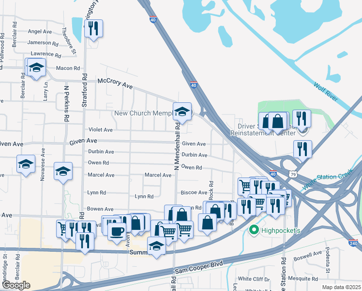 map of restaurants, bars, coffee shops, grocery stores, and more near 4885 Violet Avenue in Memphis