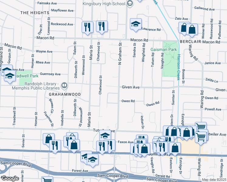 map of restaurants, bars, coffee shops, grocery stores, and more near 939 North Graham Street in Memphis