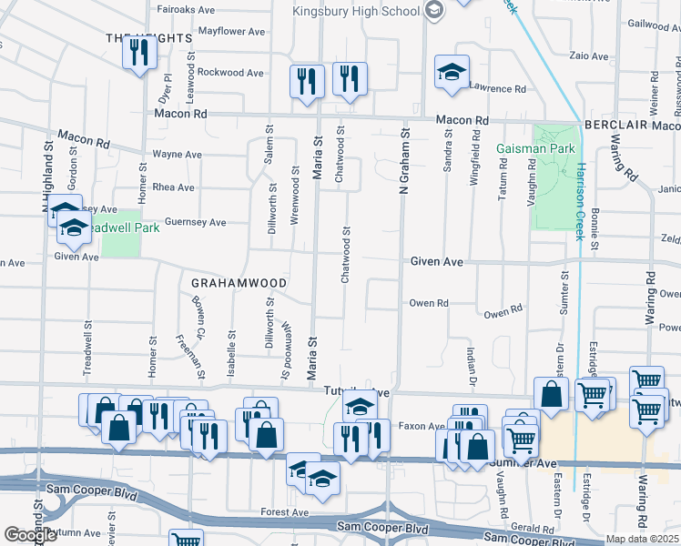 map of restaurants, bars, coffee shops, grocery stores, and more near 3885 Guernsey Avenue in Memphis