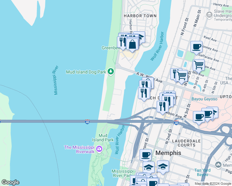 map of restaurants, bars, coffee shops, grocery stores, and more near 19 Island Drive in Memphis