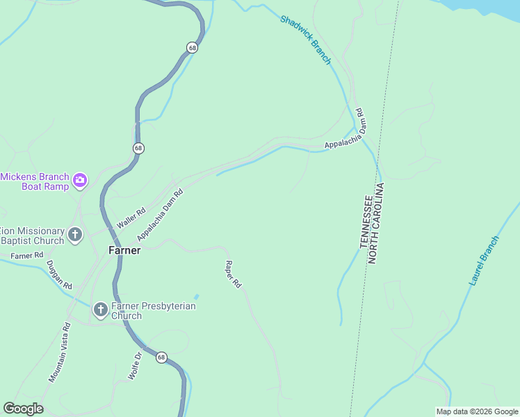 map of restaurants, bars, coffee shops, grocery stores, and more near 476 Appalachia Dam Road in Farner